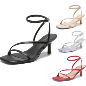 Women Low Kitten Heel Sandals Ankle Strap Square Toe Wedding Party Sandals Shoes - Picture 1 of 44