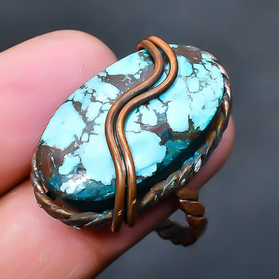 Anillo de joyería hecho a mano con piedras preciosas turquesa tibetana talla 9 de EE. UU. Foto 1 de 1