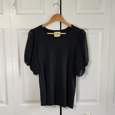 Blusa tejida negra para mujer Elie Tahari talla SM camiseta abullonada con cuentas transparentes de lino Foto 1 de 4
