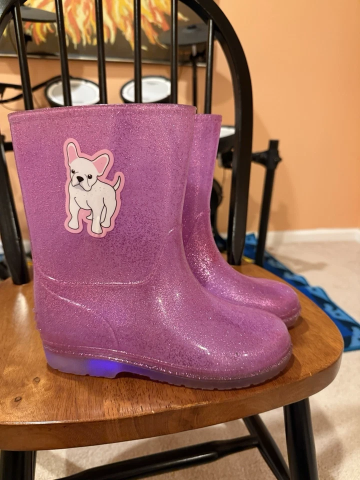 Kids Girls Rubber Boots Sparkling Shimmering Light UP Dog Gardening Shoes S 4/5 - Image 1 of 4