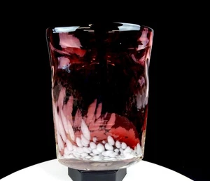 STUDIO ART GLASS AMETHYST & WHITE MOTTLED HEAVY 8 1/4" FLAT CYLINDRICAL VASE - Picture 1 of 9