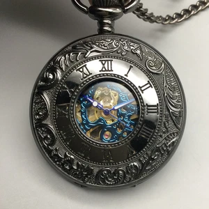 ManChDa Skeleton Pocket Watch Manual Wind Steampunk with Chain Black Blue - Picture 1 of 12