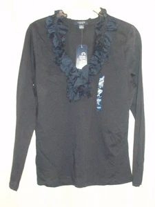 CHAPS Size L Long Sleeve TEE TOP Navy Blue V-NECK Pull-Over RUFFLE Cotton NWT - Picture 1 of 5