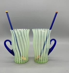 Pair Green Topaz Opalescent Striped Tumblers With Cobalt Handle And Spoons - Picture 1 of 8