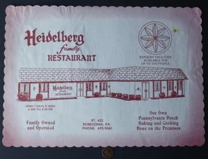 1960-70s Era Robesonia Pennsylvania Heidelberg Family Dutch Restaurant placemat- - Picture 1 of 1