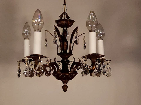 Antique C. 1950s French BRONZE 5 Arm 5 Lite DARK PATINA Lead Crystal Chandelier Cover