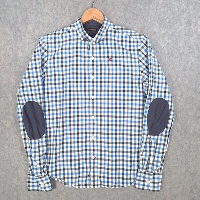 Camisa Napapijri Para Hombres Mediana Azul Blanco Bandera Logo Preppy Inteligente a Cuadros Top Foto 1 de 4