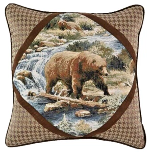Croscill Pillow Kodiak Bear Houndstooth Cabin Lodge Rustic Woods Camp 18x18" - Picture 1 of 12