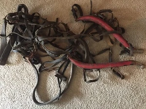 Antique Pair of Red Painted Horse Hames with Leather Sleigh Harness - Picture 1 of 11