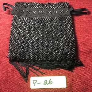 Vintage Black Plastic Dotted Fringe Drawstring Purse P-26 - Picture 1 of 6