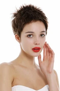 Perücke Echthaar Damen Herren kurz fransig Pixie 80er Igel Micro Pony Braun wig - Bild 1 von 6