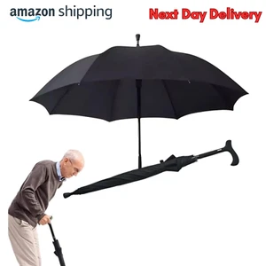 2-in1 Windproof Hiking Stick Umbrella Heavy Duty Walking Cane Adjustable Height - Picture 1 of 6