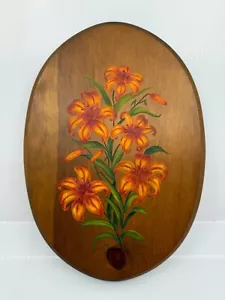 Vintage Artist Signed Hand Painted Orange Lilies Wood Oval Plaque 10"x14" Retro - Picture 1 of 8