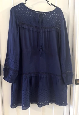 French Connection Blue Lola Lace Boho Sundress Dress SZ 12 Cotton/Viscose Blend - image 1 of 4