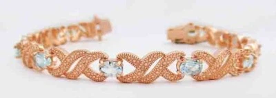 PULSERA DE AGUAMARINA Y DIAMANTES GENUINA DE 6,40 quilates chapada en oro rosa de 14 k - nueva con etiquetas Foto 1 de 4