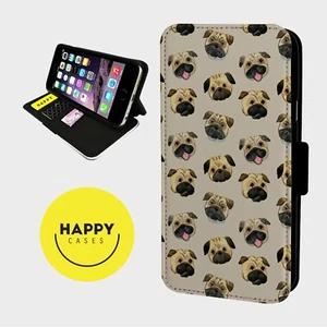 SMILING CHEEKY PUG DOGS - Funda protectora de cuero sintético abatible para teléfono - iPhone/Samsung - Imagen 1 de 5