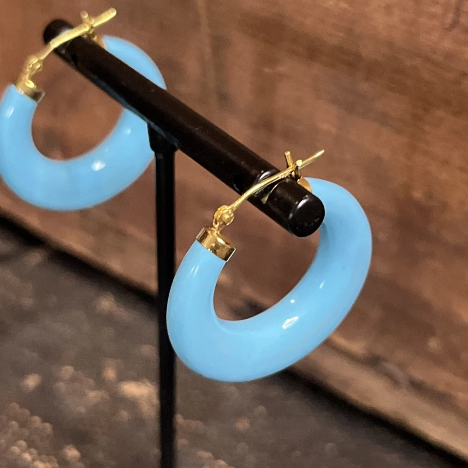Ross Simons 14k Yellow gold Simulated Turquoise puffy hoop earrings - Image 1 of 1
