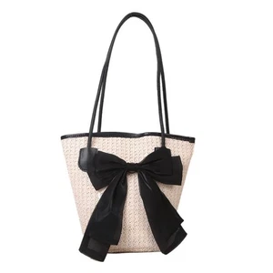 Large Capacity Bucket Bag Bowknot Shoulder Bag Fashion Summer Straw Bag - Picture 1 of 14