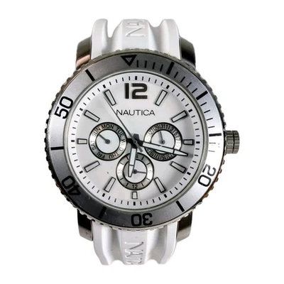 Reloj de buceo Nautica 45MM cronógrafo esfera blanca con correa de silicona blanca NOS Foto 1 de 4