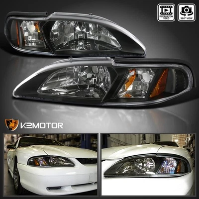 Fits 1994-1998 Ford Mustang 1PC Style Black Headlights Corner Signal Lamps 94-98 Foto 1 de 4