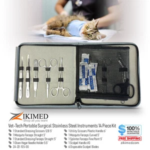 Vet-Tech Surgical Instrument 14-pcs Stainless Steel Kit with Zipper Case - Picture 1 of 3