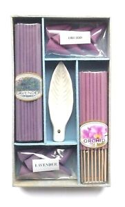 Lavender & orchid joss stick incense box set with leaf shaped ceramic holder