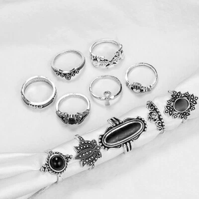 11pcs Silver Boho Stack Rings Set Plain Above Knuckle Ring Sun Midi Finger Tip - Image 1 of 4