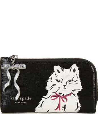 NUEVO CON ETIQUETAS Cartera Kate Spade Whiskers Cuero Saffiano Pequeña Delgada Doble Plegable Blanca Gato Negro Foto 1 de 3
