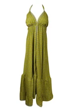 Summer Boho Hippy Gypsy Floral Print Maxi Dress, Green Silk Summer Dress S/M