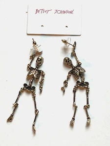 BETSEY JOHNSON GOLD TONE SKELETON DANGLE STUD EARRINGS - Picture 1 of 1