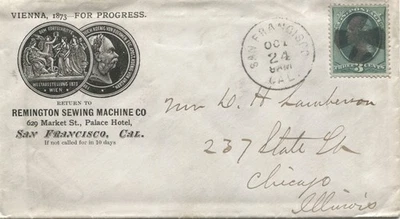San Francisco CA Advertising Cover Remington Sewing Machine Co 1873 - Image 1 of 2
