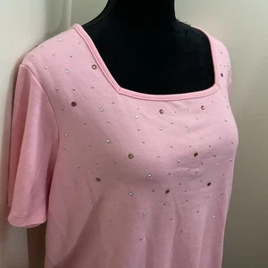Quacker Factory Women’s Pink Short Sleeve T-Shirt With Rhinestones Size 2X - Picture 1 of 13