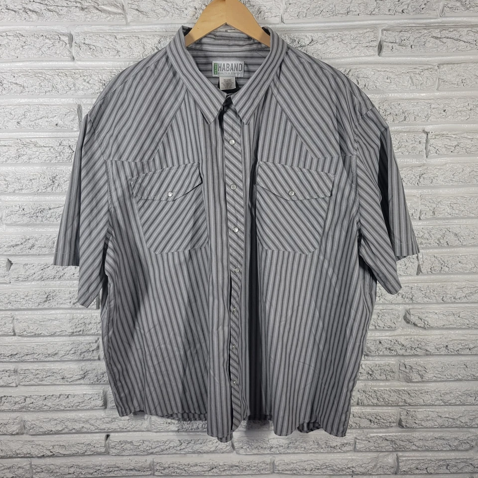 Haband Mens Shirt 3XL Western Short Sleeve Gray Stripe Snaps Pockets Lightweight - Image 1 of 4