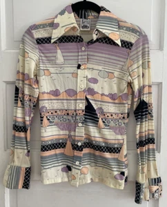 Vintage You Babes 1970s Button-Up Long Sleeve Blouse Juniors X-Small Polyester - Picture 1 of 11