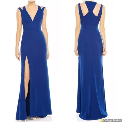 Halston Heritage Evening Gown 14 Cobalt Blue Slit V-Neck Cutout Back, Formal NWT - Image 1 of 4