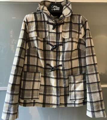 Casaco xadrez antigo marinho cinza marfim amarelo com capuz forrado mistura de lã tamanho médio - Imagem 1 de 4