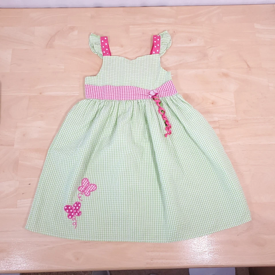 Vestido Bonnie Jean Seersucker Mariposa Talla 6X Niñas Verde Blanco Guinga Solero Foto 1 de 4