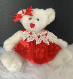 Dan Dee valentines White Bear Plush Red Dress Lace Roses  Bow Embroidered Nose - Picture 1 of 11
