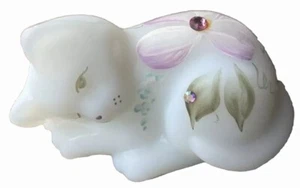 Fenton Art Glass Opal Satin Rhinestone Sleeping Kitten One Eye Open Figurine - Picture 1 of 11