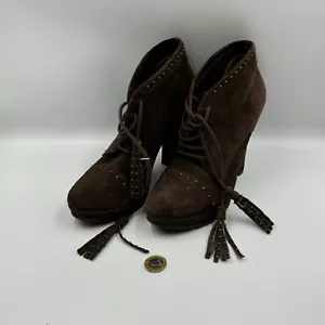 LK Bennett Brown Leather Suede Heeled Boots Size EU38 Lace Up Studs - Picture 1 of 12