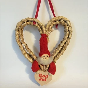 Ljungstroms of Sweden Braided Straw Heart w/ Gnome God Jul Wall Hanging Handmade - Picture 1 of 10
