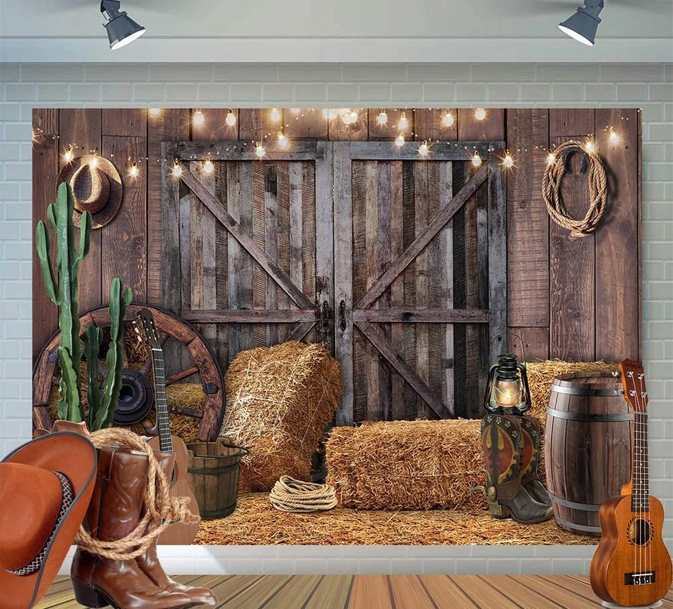 Telón de fondo de vaquero occidental de 7x5 pies - Fondo de fotografía de puerta de granero vintage, salvaje con Foto 1 de 4