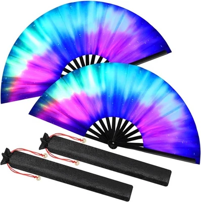 Boao 2 Piezas Grandes Rave Plegable Mano Seda Ventiladores China Portátil Brillo UV Ventilador Tai Ji Foto 1 de 4