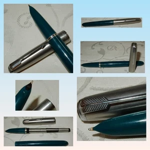 PARKER 51 MK1 FOUNTAIN PEN TEAL BLUE + LUSTRLAOY CAP 14K GOLD FINE NIB NEAR MINT - Picture 1 of 11