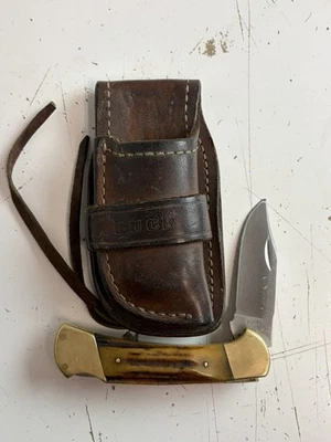 VINTAGE BUCK (#112) GENUINE STAG "FOLDING LOCKBACK" SHEATH KNIFE- W/SHEATH - Image 1 of 4