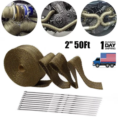 2" 50FT Titanium Exhaust Wrap Manifold Header Pipe Heat Wrap Tape w/ 10 Ties Kit - Image 1 of 4