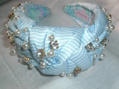 Diadema Lilly Pulitzer Cristal y Perla Adornada Azul Blanco Rayas Foto 1 de 4