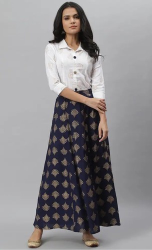 OFF WHITE Abito indiano; Camicia in cotone stampata donna bianco sporco e blu navy con gonna