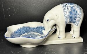 New ListingAndrea by Sadek Blue White Elephant Drinking Hole Porcelain Trinket Candle Dish