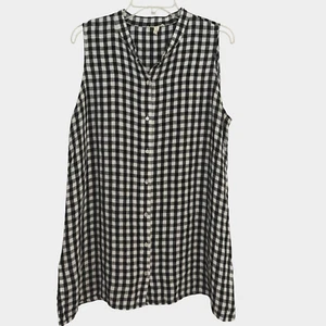 Eileen Fisher Organic Linen Gingham Sleeveless Top Size Large Black White Beach - Imagen 1 de 9